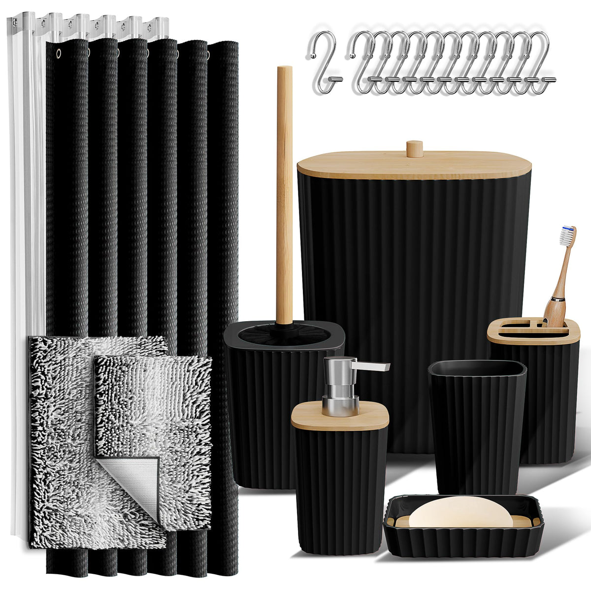 Clara Clark Black Bathroom Set, Shower Curtain Set, Bathroom Accessory Set