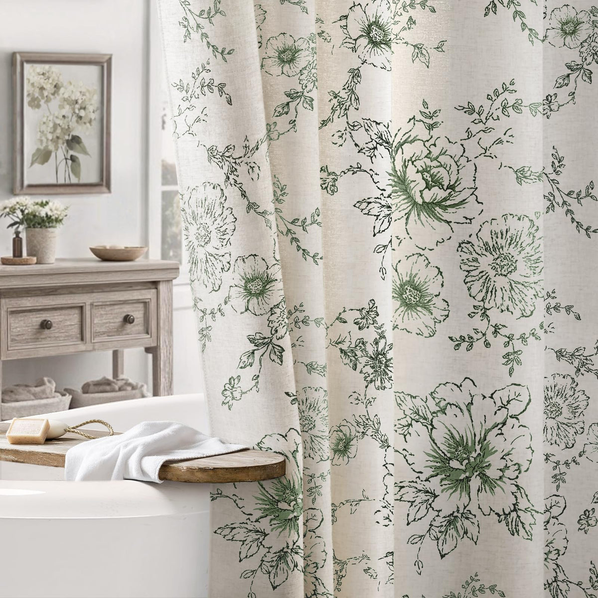 Farmhouse Floral Vintage Shower Curtain for Bathroom, Black and Tan Taupe