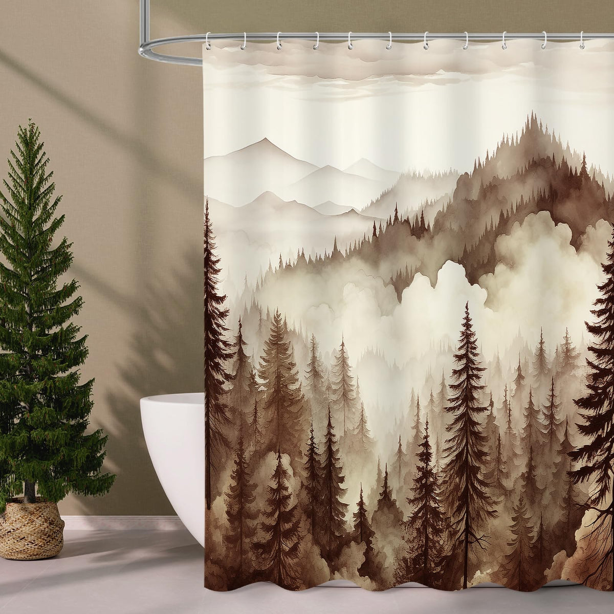 Dark Green Pine Forest Shower Curtain, Misty Woodland, 72 x 72 Inches