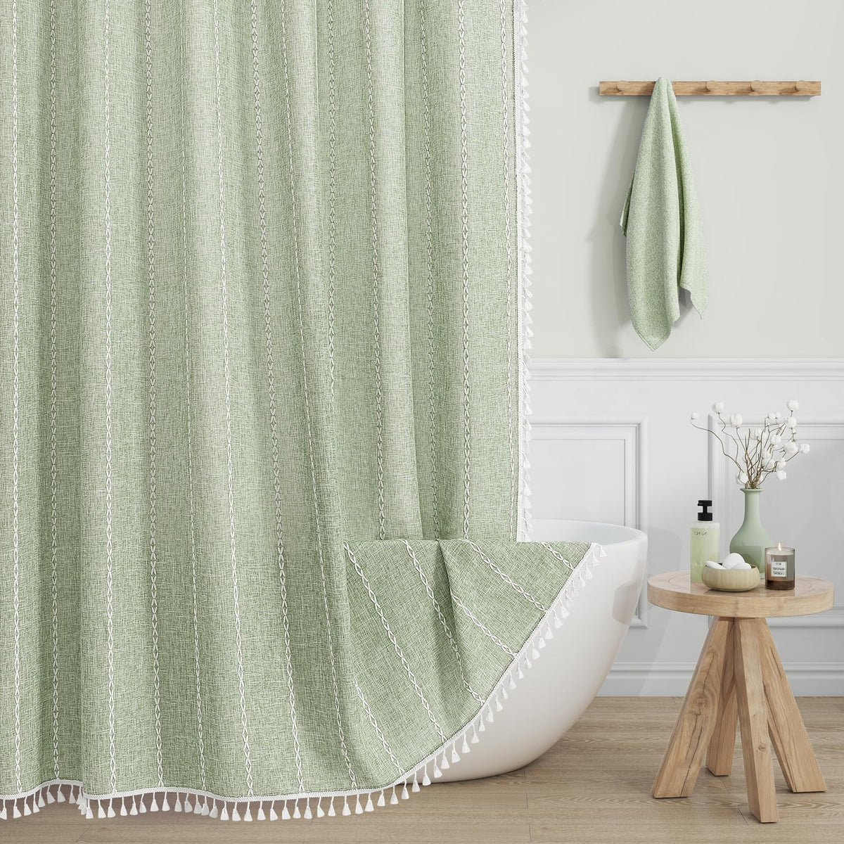 Boho Farmhouse Tassel Linen Shower Curtain,3D Embroidery Stripe Blue,72x72