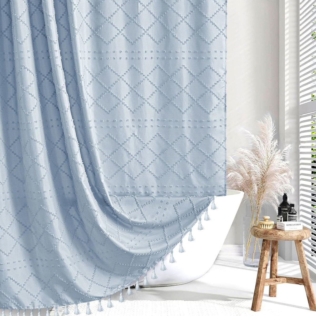 Siiluminisoy Sage Green Boho Shower Curtain Fabric Shower Curtain, 72 x 72 Tufted Chevron Textured Striped Modern Farmhouse Minimalist Cloth for Bathroom