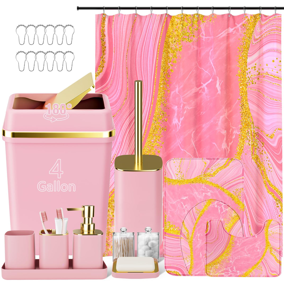 Pink Bathroom Set, 9-Piece Accessories with 4-Gallon Swing-Top Trash Can