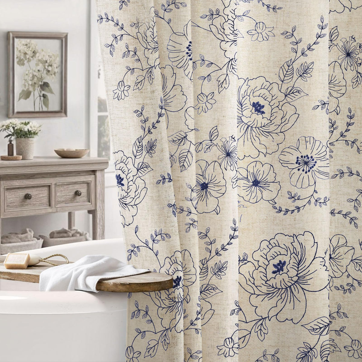 Farmhouse Floral Vintage Shower Curtain for Bathroom, Black and Tan Taupe