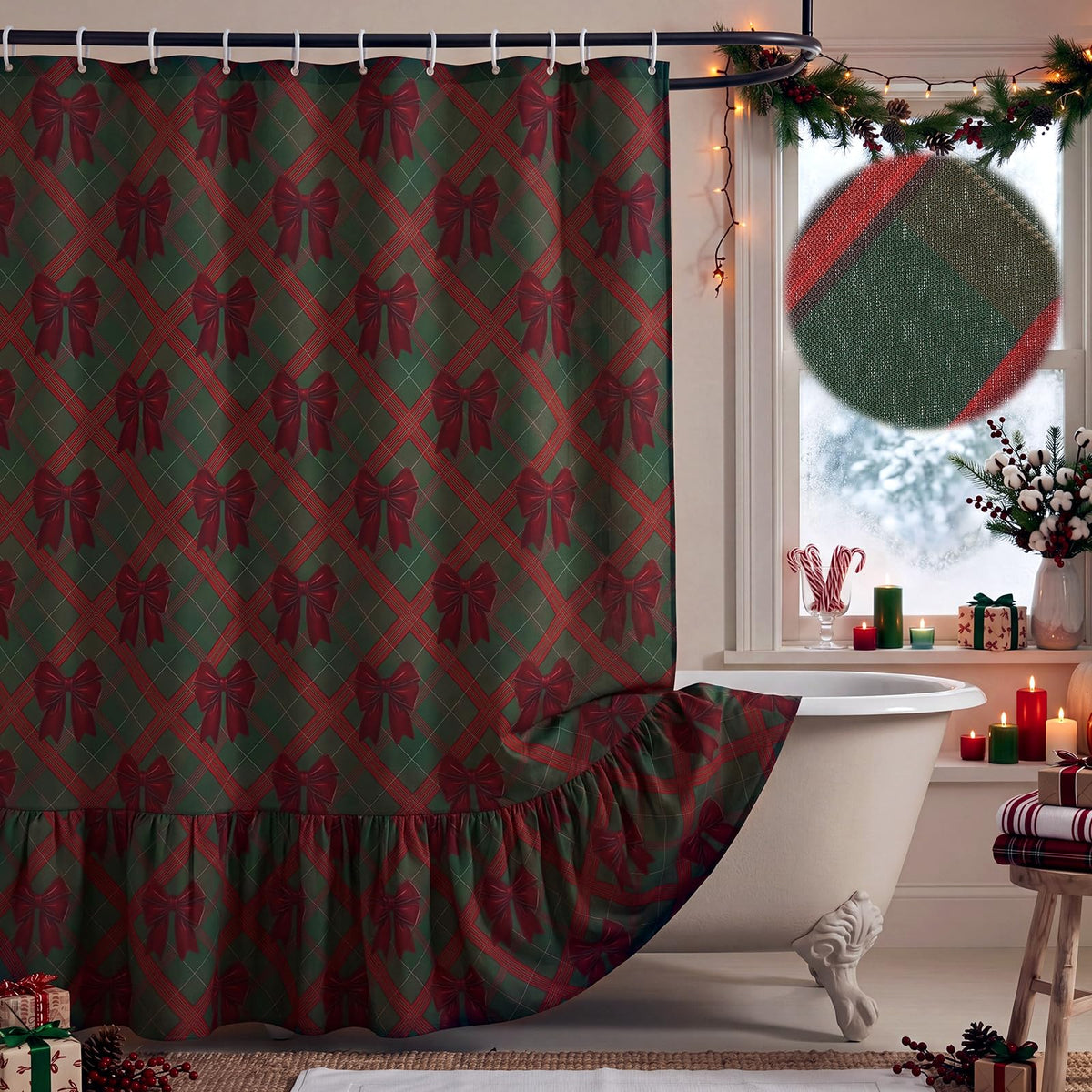 Irenare Fall Pumpkin Shower Curtain, Beige Ruffle Gingham Bathroom Decor