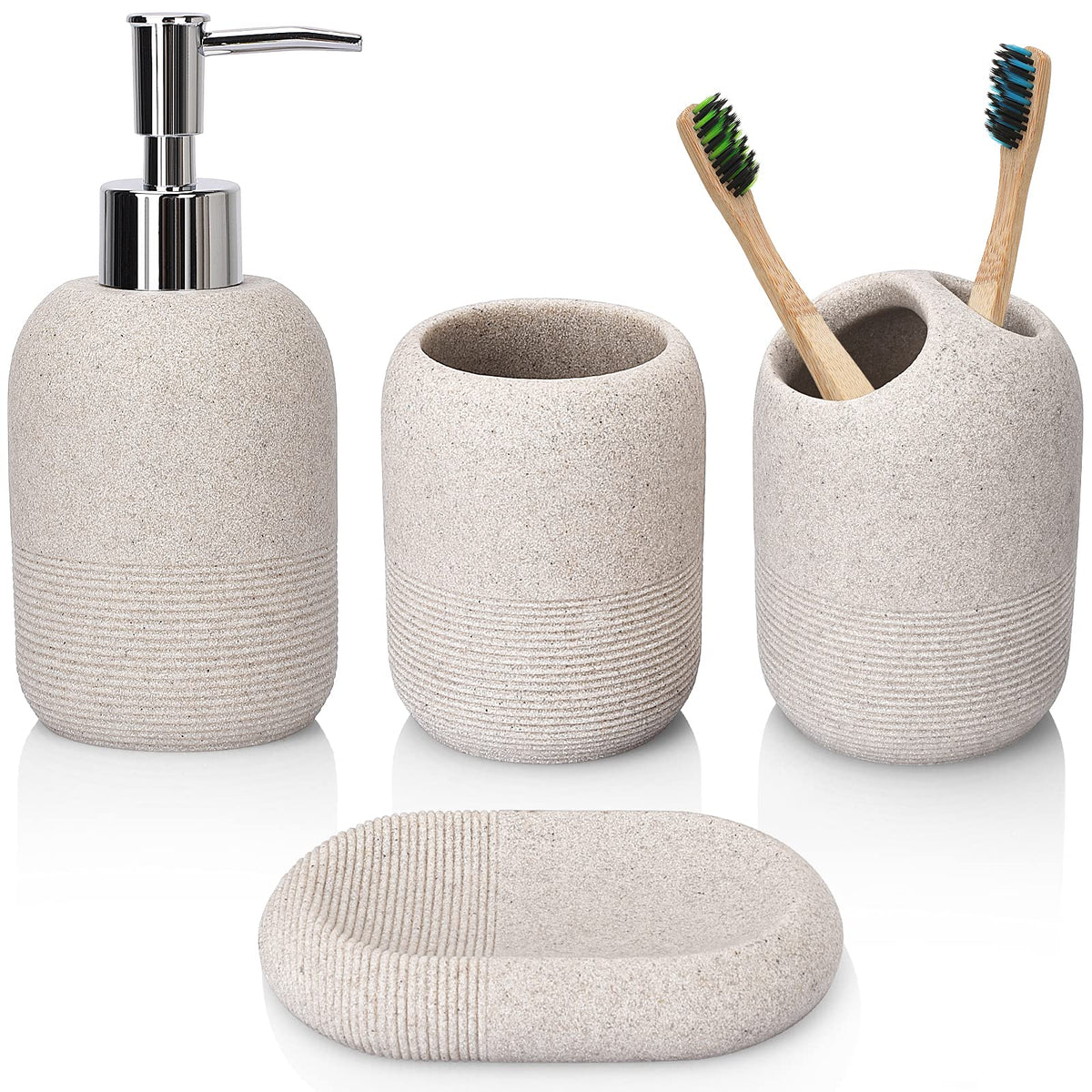 L'ARL GMVOI Bathroom Accessories Set,4 Pieces Marble Bathroom Vanity Countertop Accessory Set with Bathroom Toothbrush Holder Set,Soap Dispenser,Tumbler,Soap Dish for Bathroom Home Decor