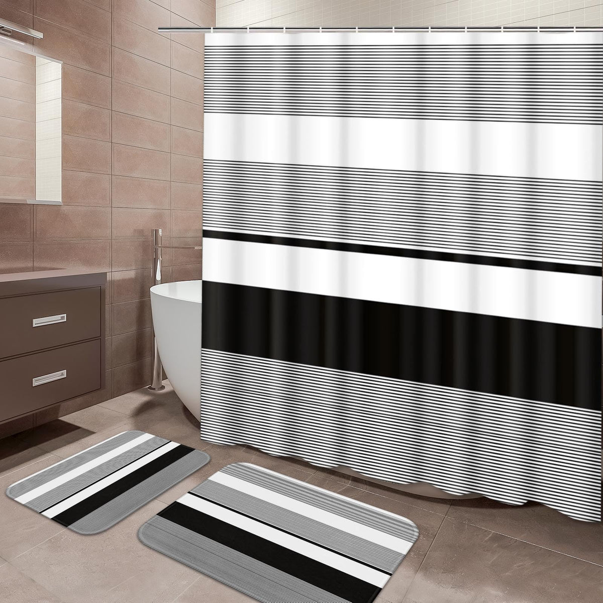 ArtSocket Bathroom Set of 3, Shower Curtain and Bath Rugs Beige Striped
