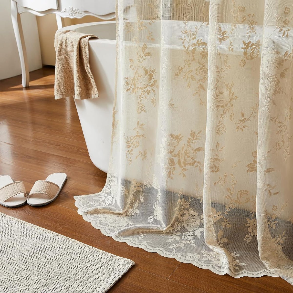 Beige Lace Shower Curtain with Attached Valance Decorative Vintage Floral Shower Curtain for Bathroom Spa Boho Cottagecore Decor Scalloped Edge Shabby Chic Bath Curtains Spa-like Hotel, 72 x 72 Inch