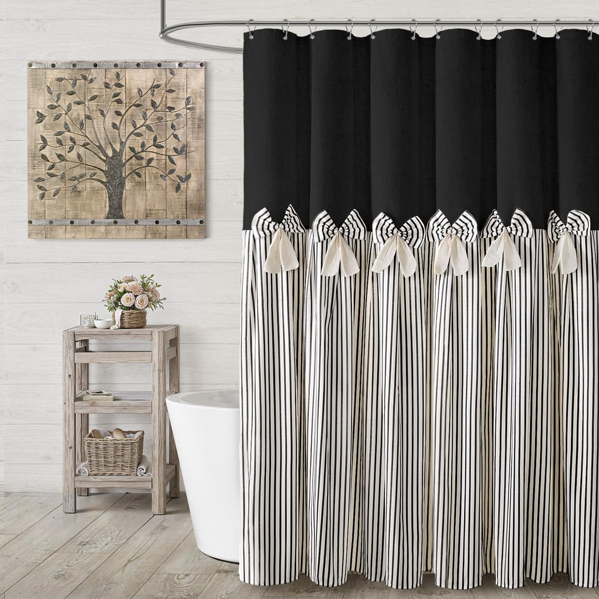 Farmhouse Shower Curtain Linen Beige Button Brown Stripe 72"W x 72"L