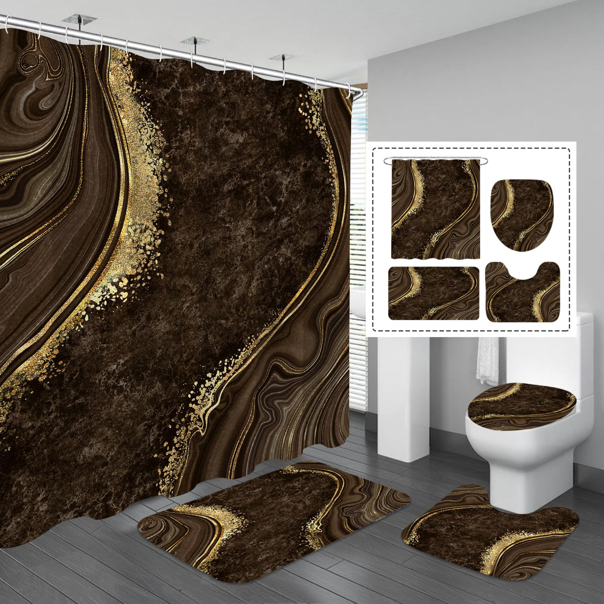 Gibelle 4 Pcs Luxury Marble Shower Curtain Set with Non-Slip Rugs, Toilet Lid Cover and Bath Mat, Black Gold Bathroom Decor Set with Shower Curtain and Rugs and Accessories