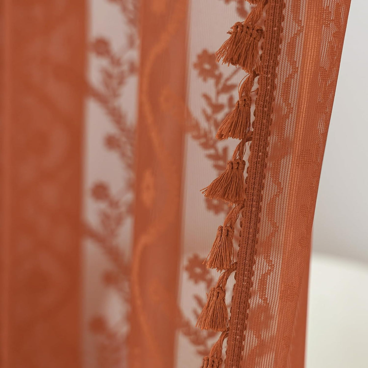 WAZZIO Terracotta Lace Shower Curtain for Bathroom 72" W x 84" L, Victorian Farmhouse Floral Pattern Tassel Fancy Shower Curtain Boho Washable Cloth Decorative Bath Curtains,1 Panel
