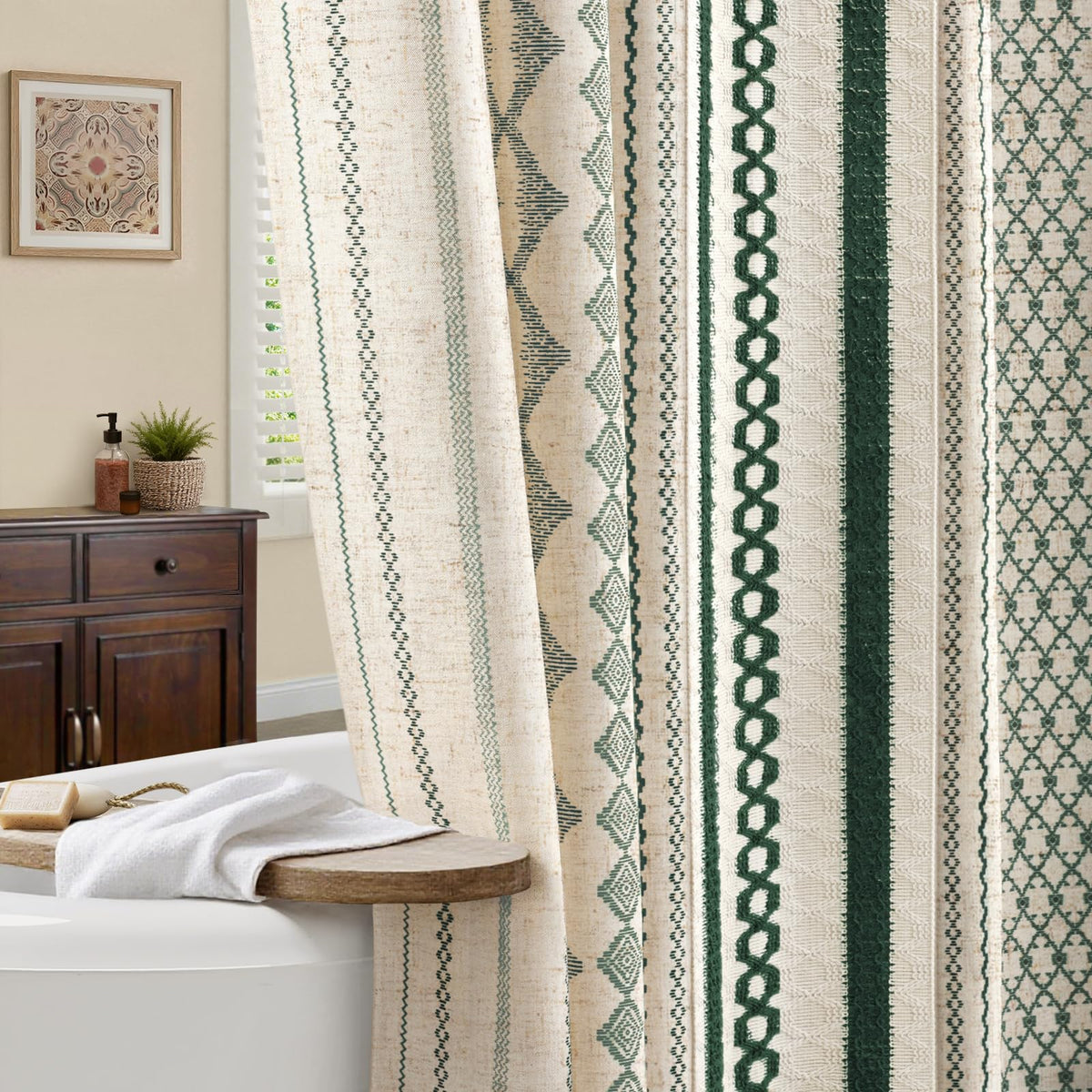Natural Linen Boho Shower Curtain,72" W x 72" L