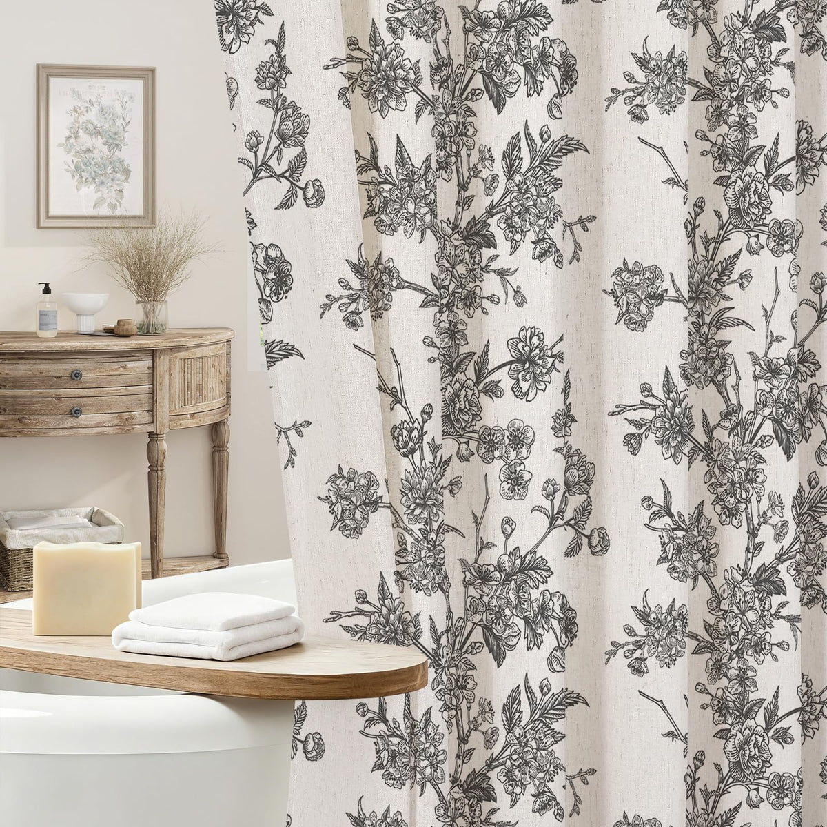 Sage Linen Farmhouse Shower Curtain, Vintage Boho Floral 72x72