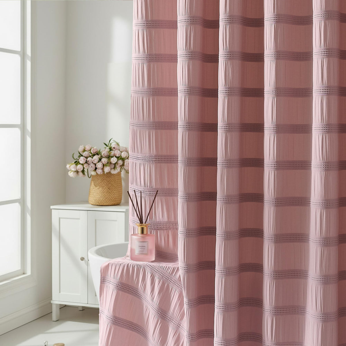 Extra Long White Shower Curtain Farmhouse,72 x 96 Cotton Blend Waffle Tufted Striped Chic Textured Fabric Shower Curtain for Bathroom, Hotel, Washable