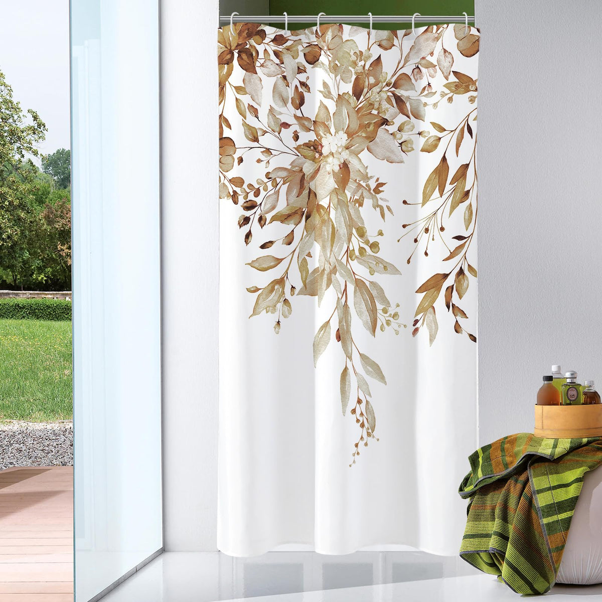 Gibelle Olive Green Eucalyptus Shower Curtain, Floral Print, 72x72