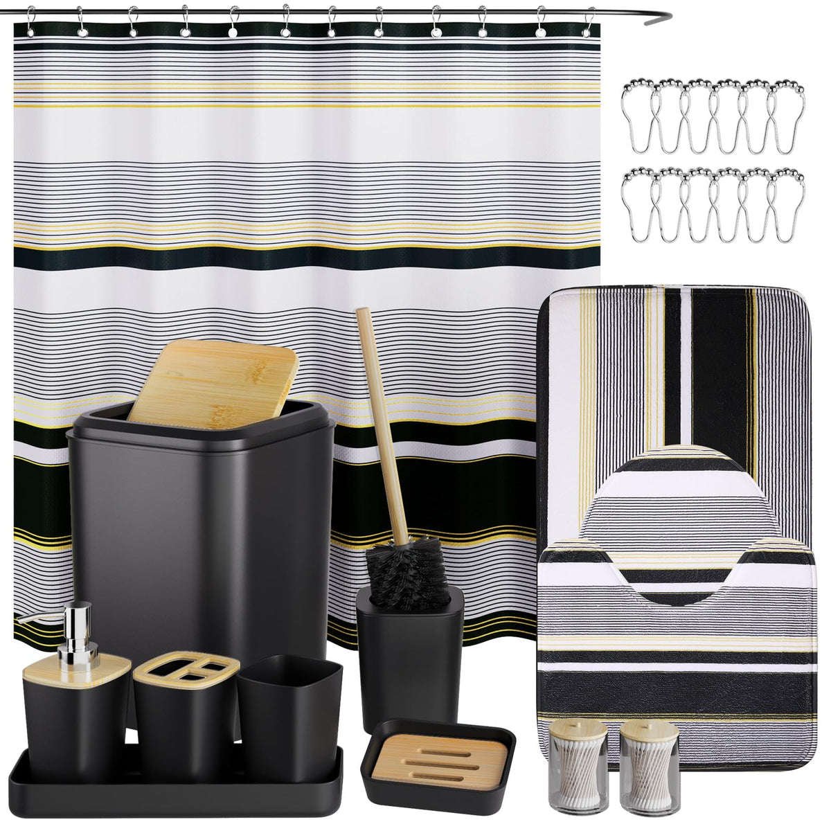 XLHOMO Bathroom Sets with Shower Curtain and Rugs,24PCS Black Bathroom Set Shower Curtain Set with Bathroom Trash Can Bathroom Accessories