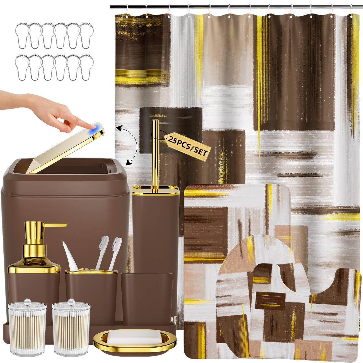 XLHOMO Bathroom Accessories Set - 25PC Bathroom Set with Shower Curtain and Rugs, Pink Bathroom Set, Bathroom Accessory Set with Press-on Lid Trash Can, Soap Dispenser and Qtip Holders