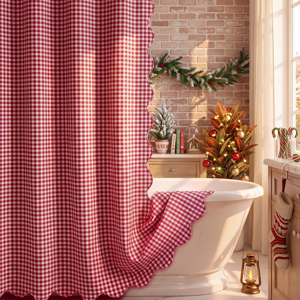 HunnmingRe Ruffle Hem Gingham Shower Curtain Sage Green