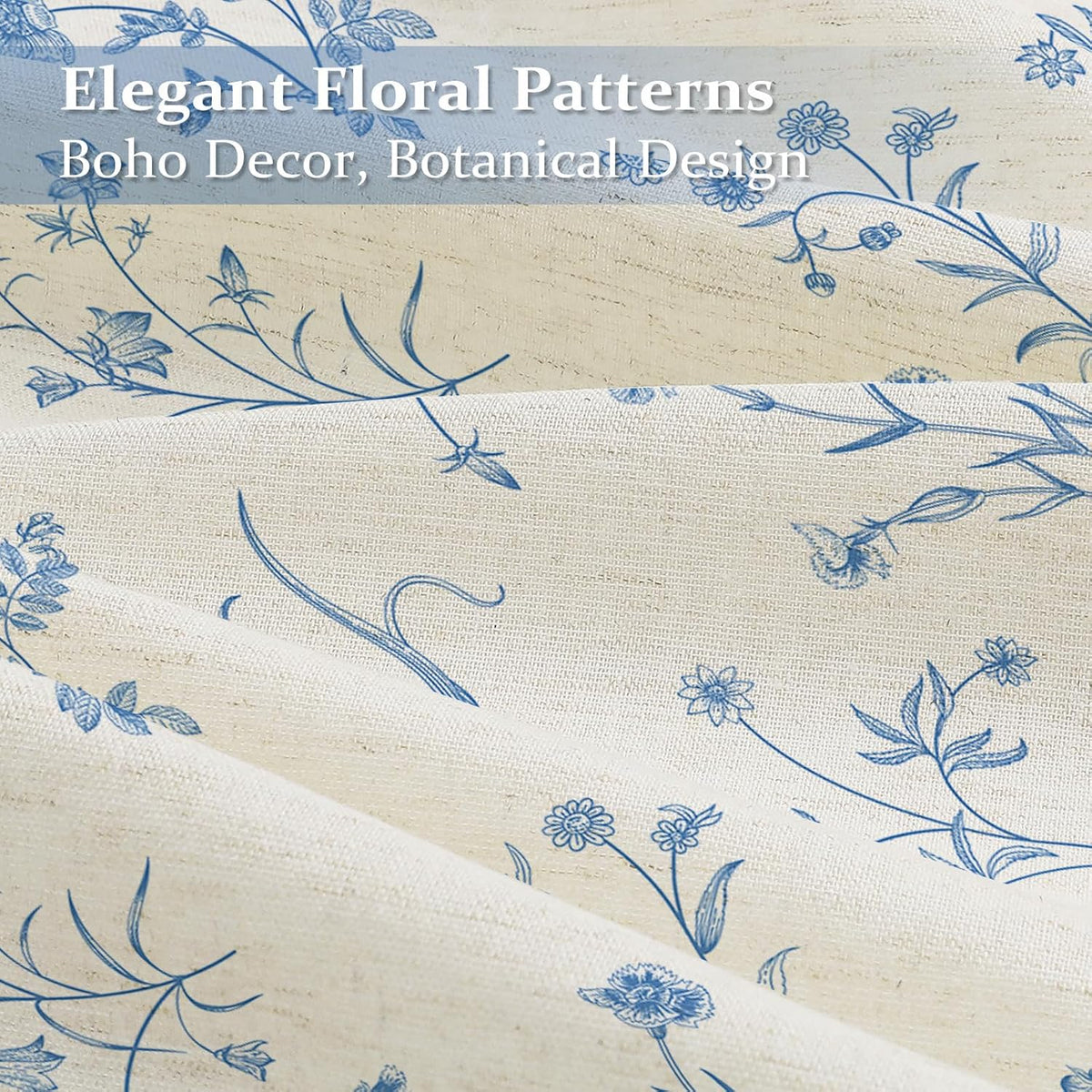 MitoVilla Blue Boho Linen Shower Curtain - Floral Farmhouse Curtain 72x72