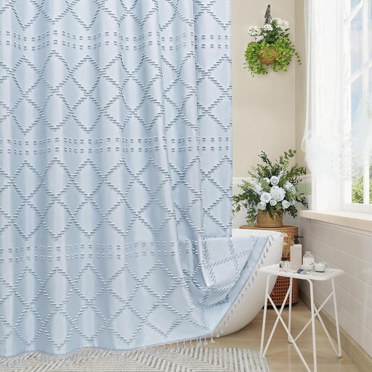 Blue Boho Woven Fabric Shower Curtain with Tassel 72 x 72, Tufted Textured