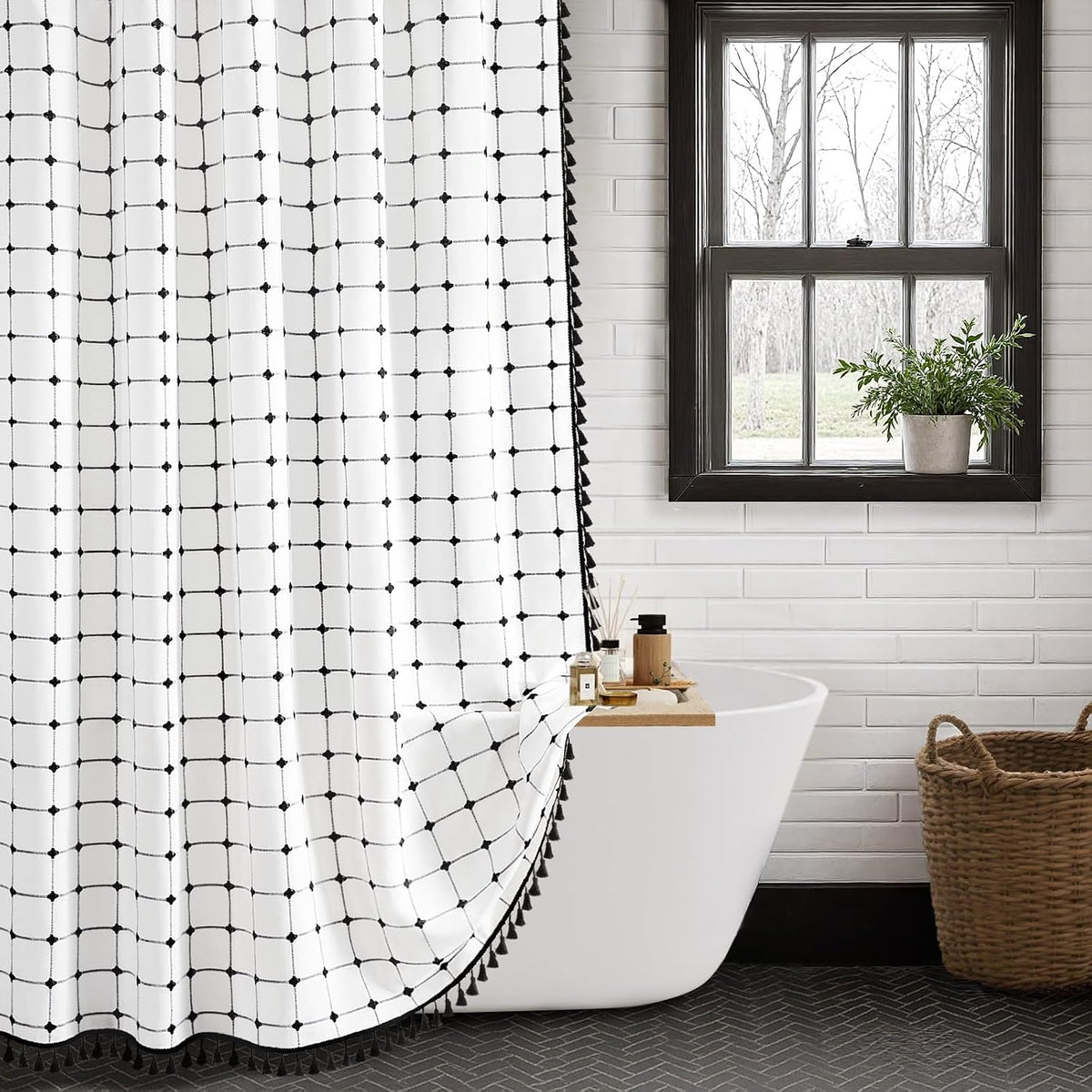 Black and White Boho Shower Curtain, 72" W X 72" L