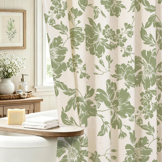 Sage Farmhouse Boho Botanical Floral Linen Shower Curtain, 72x72