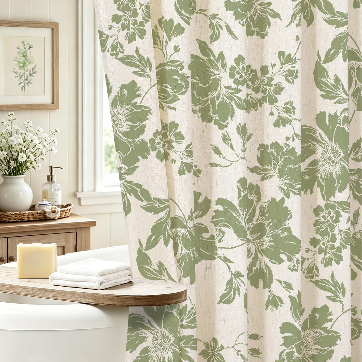 Sage Farmhouse Boho Botanical Floral Linen Shower Curtain, 72x72