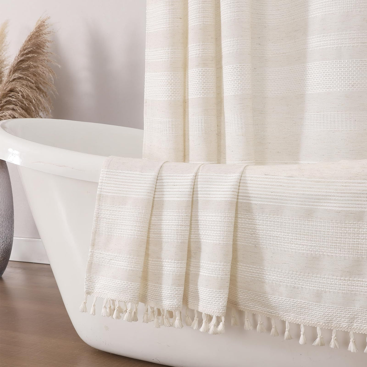 OVZME Extra Long Linen Shower Curtain - 84 Inch Long, Modern Farmhouse Heavy Duty Textured Soft Fabric, Rustic Country Boho Cloth Shower Curtain with Tassel for Bathroom Hotel, 72Wx84L Inches