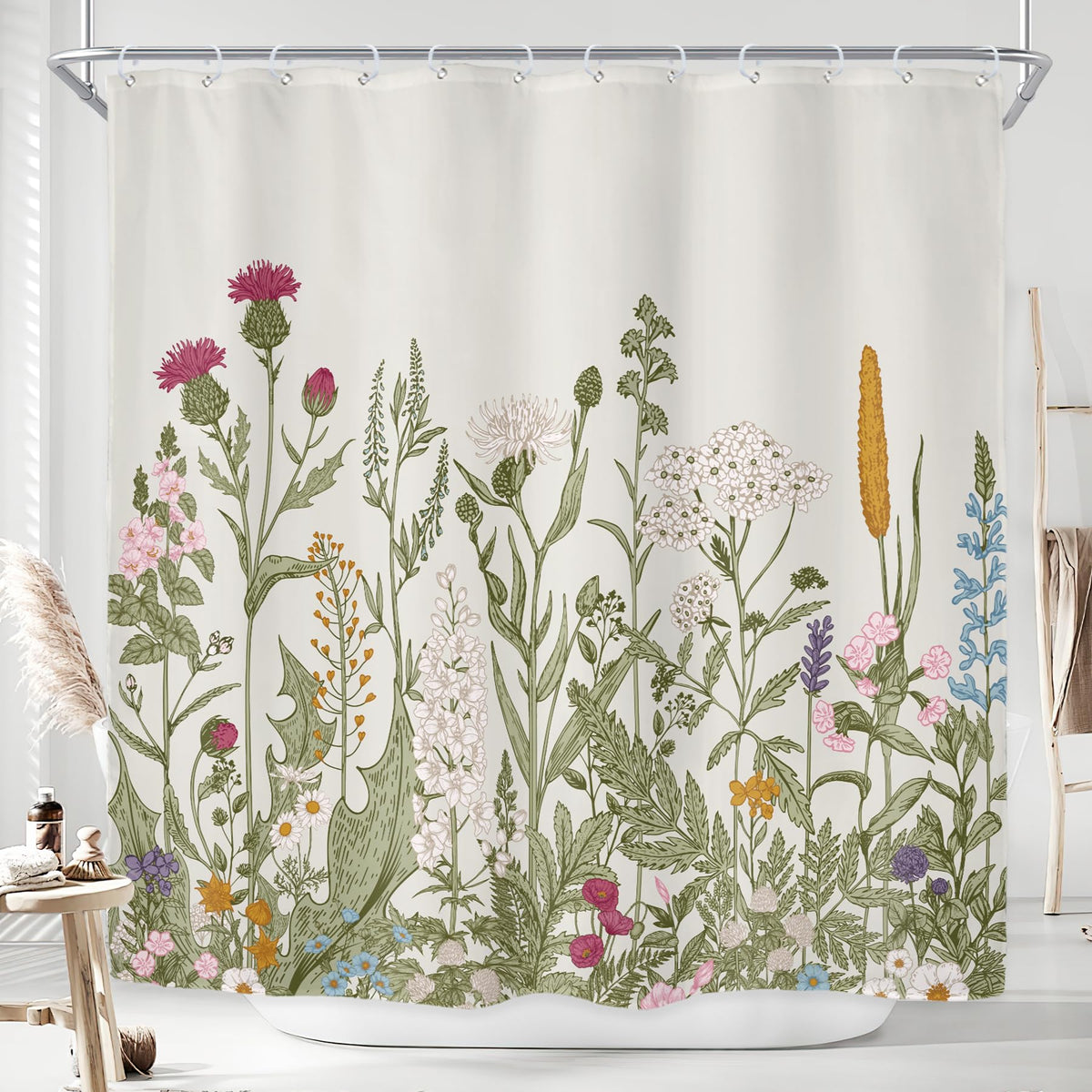 Sage Green Floral Wildflower Plant Herbs Nature Bathroom Shower Curtain Set