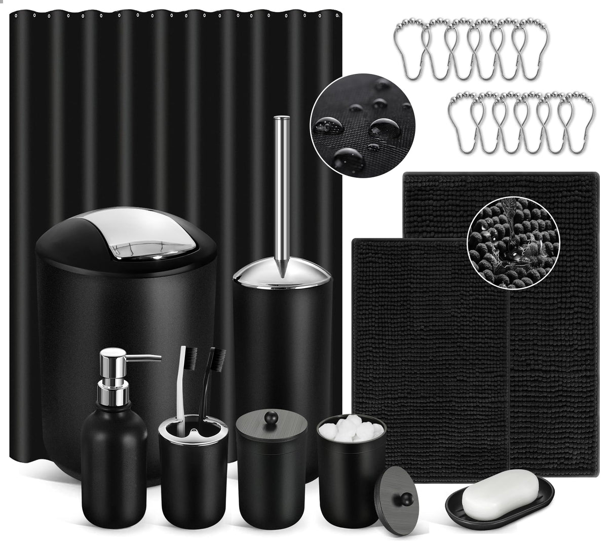 Black Bathroom Accessories Set, 10Pcs Bathroom Accessory Set with Trash Can, Soap Dispenser and Toothbrush Holder, Soap Dish, Cotton Ball & Qtip Holder, Toilet Brush Holder, Tissue Box Cover