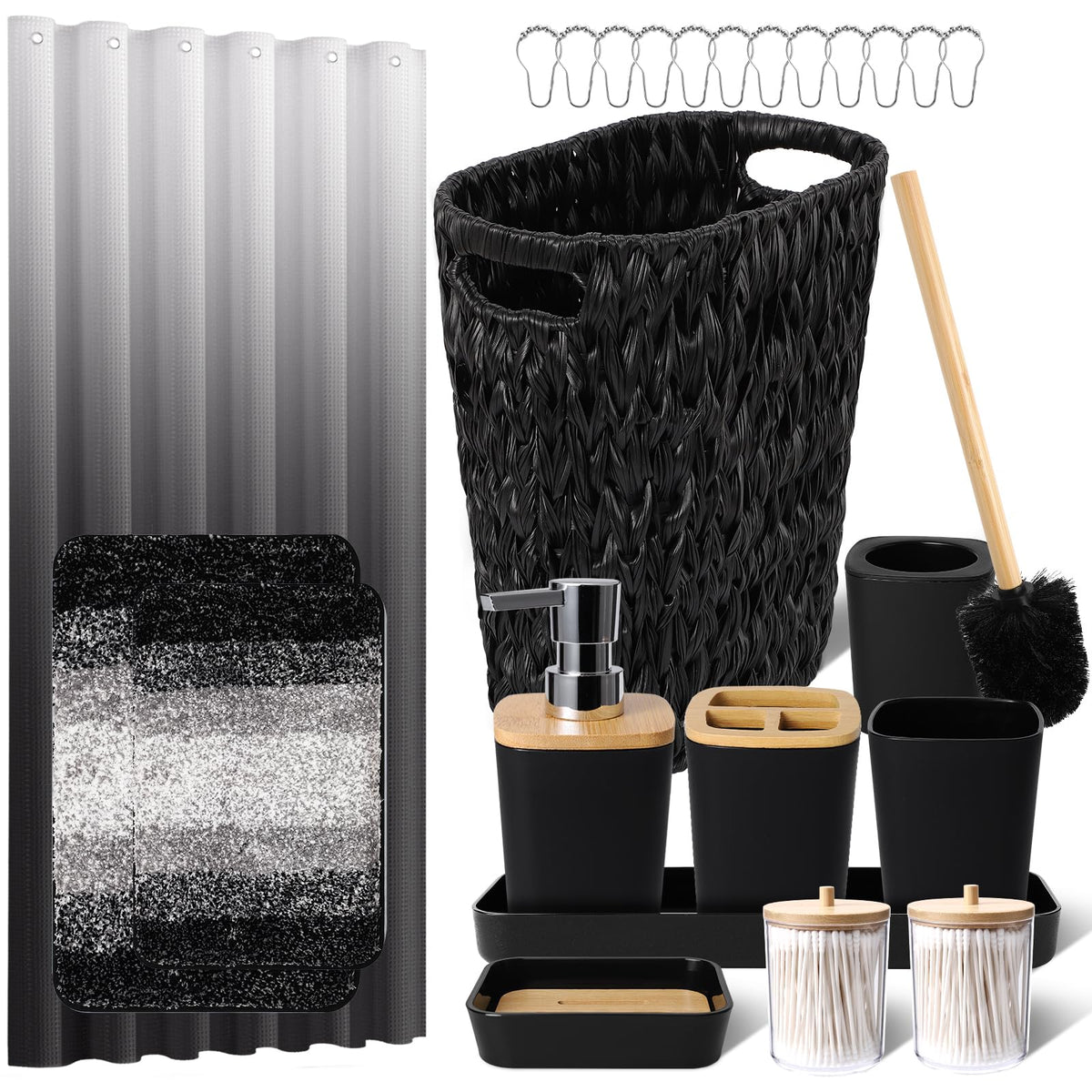 XLHOMO Bathroom Sets with Shower Curtain and Rugs,24PCS Black Bathroom Set Shower Curtain Set with Bathroom Trash Can Bathroom Accessories