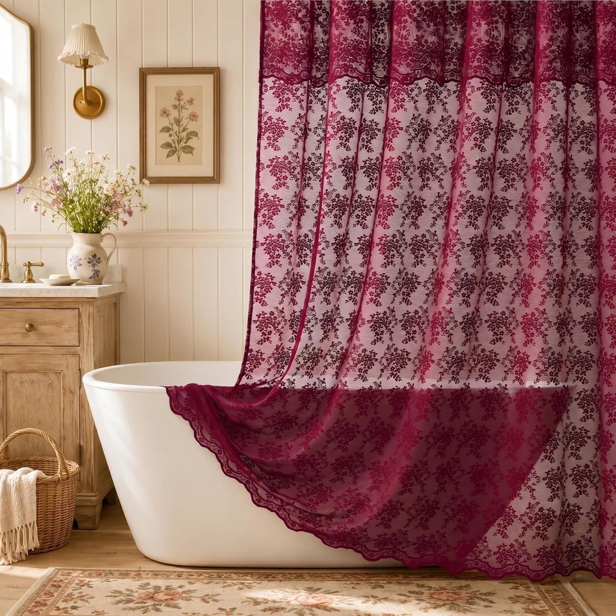 Ivory Lace Shower Curtain 72x72, Vintage Shabby Chic with Attached Valance