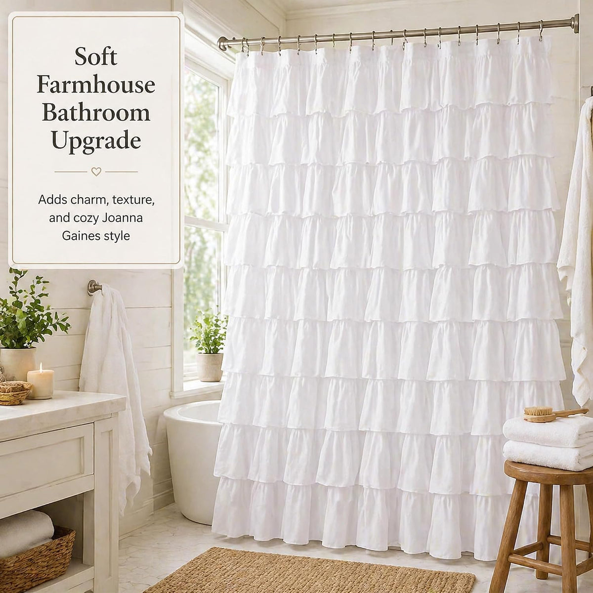 White Ruffle Shower Curtain for Bathroom,72 x 72 Inches, Farmhouse Style