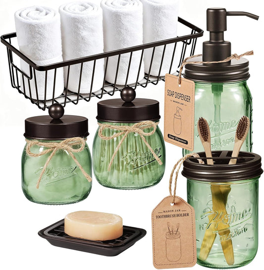SheeChung Mason Jar Bathroom Accessories Set, 6Pcs Green Glass Bathroom Set