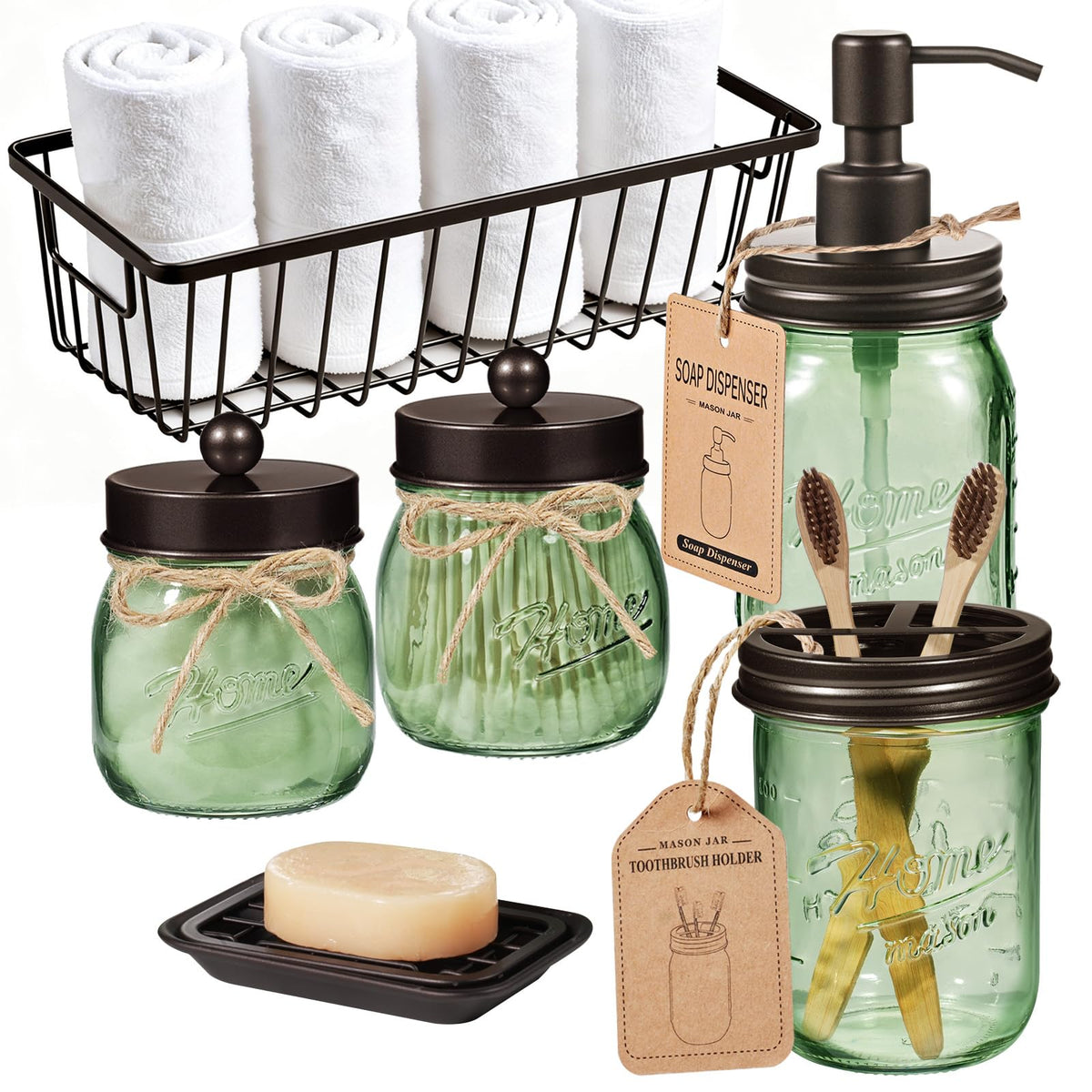 SheeChung Mason Jar Bathroom Accessories Set, 6Pcs Green Glass Bathroom Set