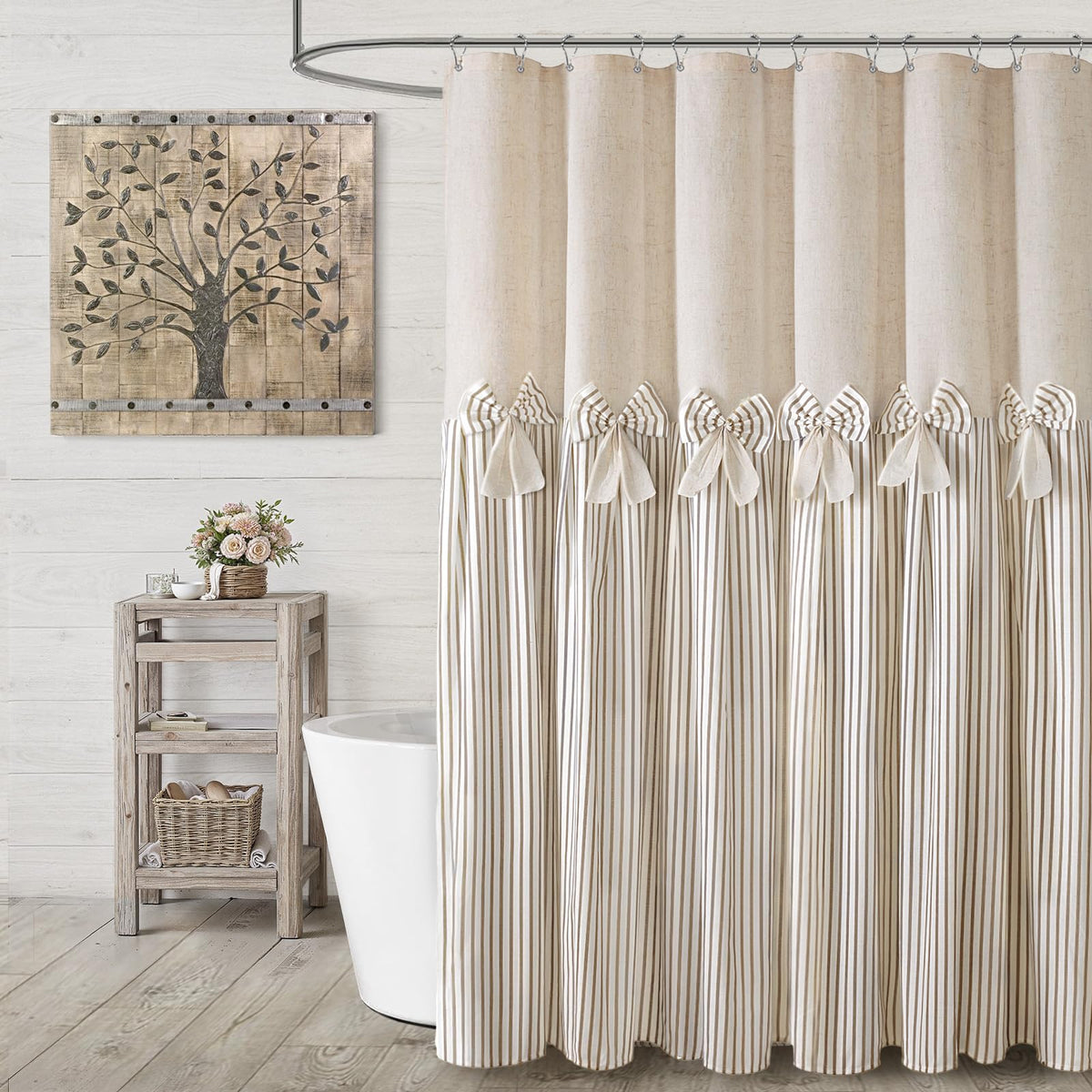 Farmhouse Shower Curtain Linen Beige Button Brown Stripe 72"W x 72"L