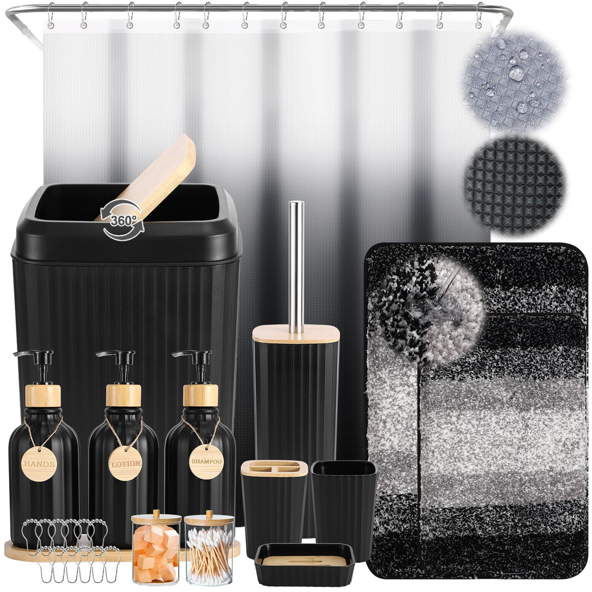 XLHOMO Black Bathroom Accessories Set 17PCS Bathroom Set with 3PCS Soap Dispenser Bathroom Accessory Set Black Trash Can for Bathroom Decor