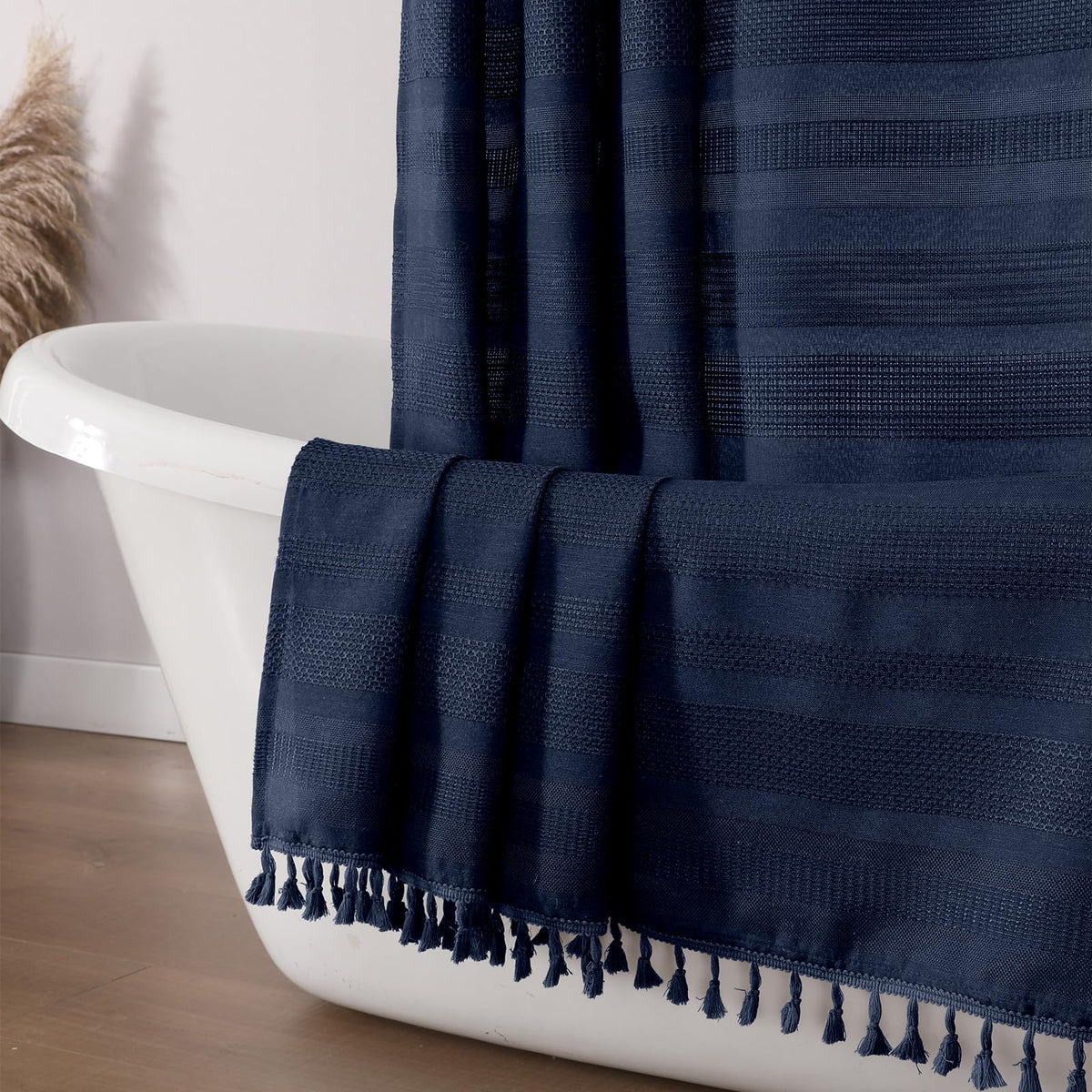 OVZME Extra Long Linen Shower Curtain - 84 Inch Long, Modern Farmhouse Heavy Duty Textured Soft Fabric, Rustic Country Boho Cloth Shower Curtain with Tassel for Bathroom Hotel, 72Wx84L Inches