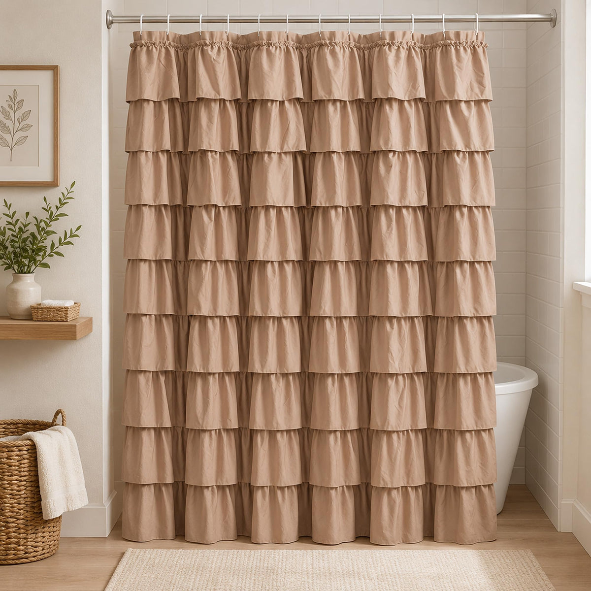 White Ruffle Shower Curtain for Bathroom,72 x 72 Inches, Farmhouse Style