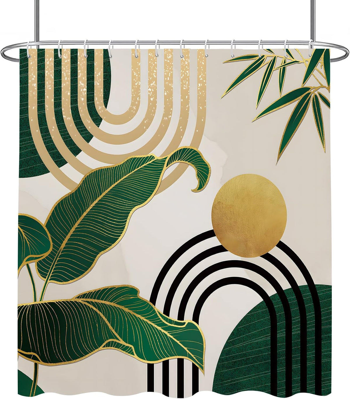 LQCOOL 4pcs Boho Shower Curtain Set with Rugs Green Leaf Bathroom Set