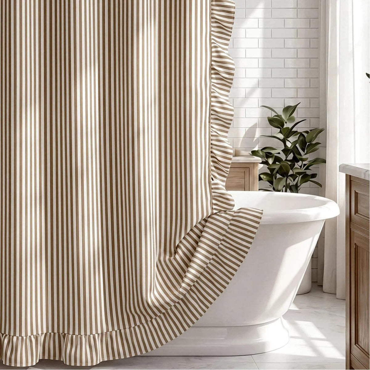 HunnmingRe Sage Green Farmhouse Striped Shower Curtain Tasseled 72x72 Inch