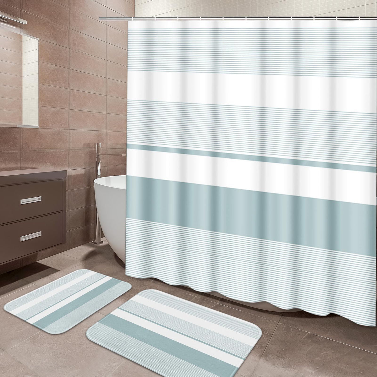 ArtSocket Bathroom Set of 3, Shower Curtain and Bath Rugs Beige Striped