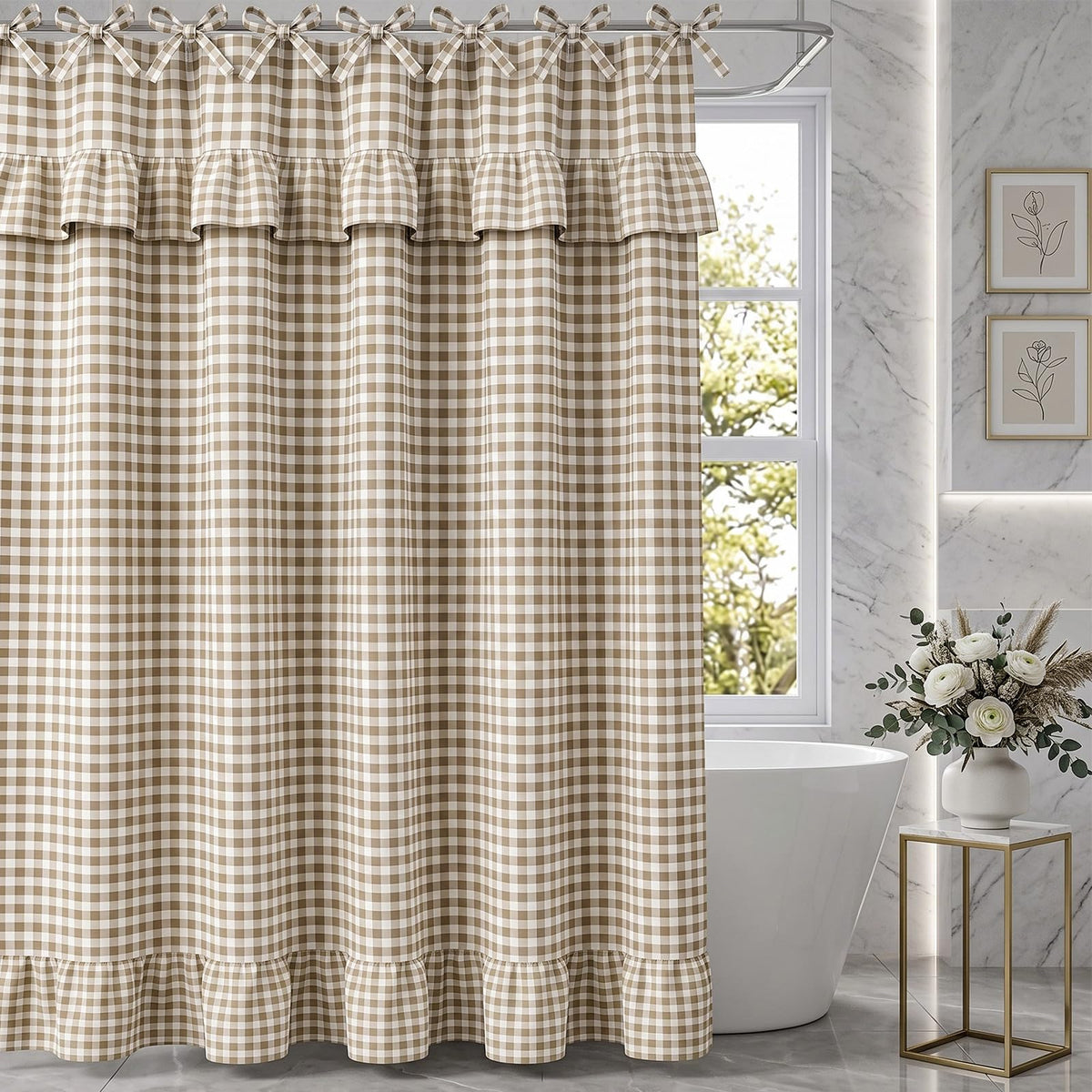 Sage Green Gingham Ruffle Shower Curtain 72x72 Cotton Fabric