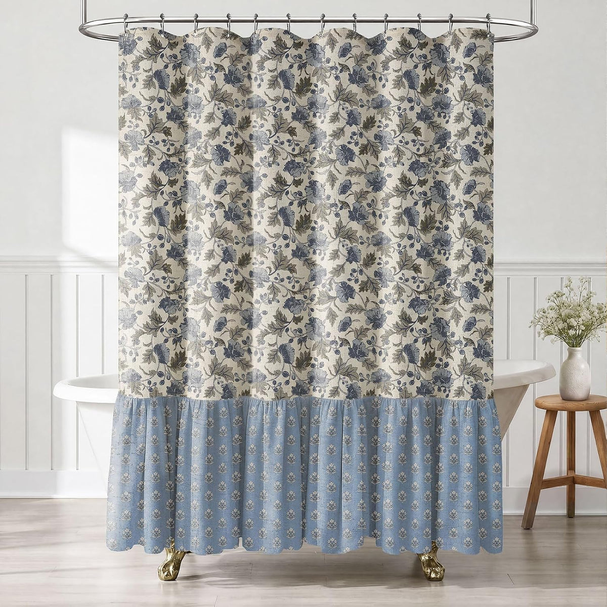 Blue Ruffle Farmhouse Floral Shower Curtain for Bathroom, 72"H x 72"W