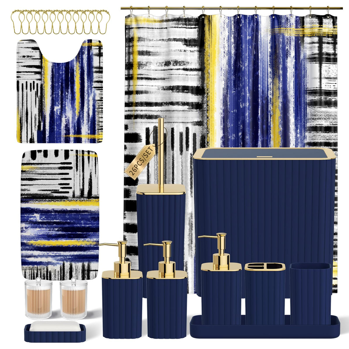 Bathroom Sets with Shower Curtain and Rugs - Elegant Bathroom Set, 27PC Bathroom Accessories Set, Green Bathroom Set, Mini Trash Can, Toilet Brush, Trash Can & Soap Dispenser