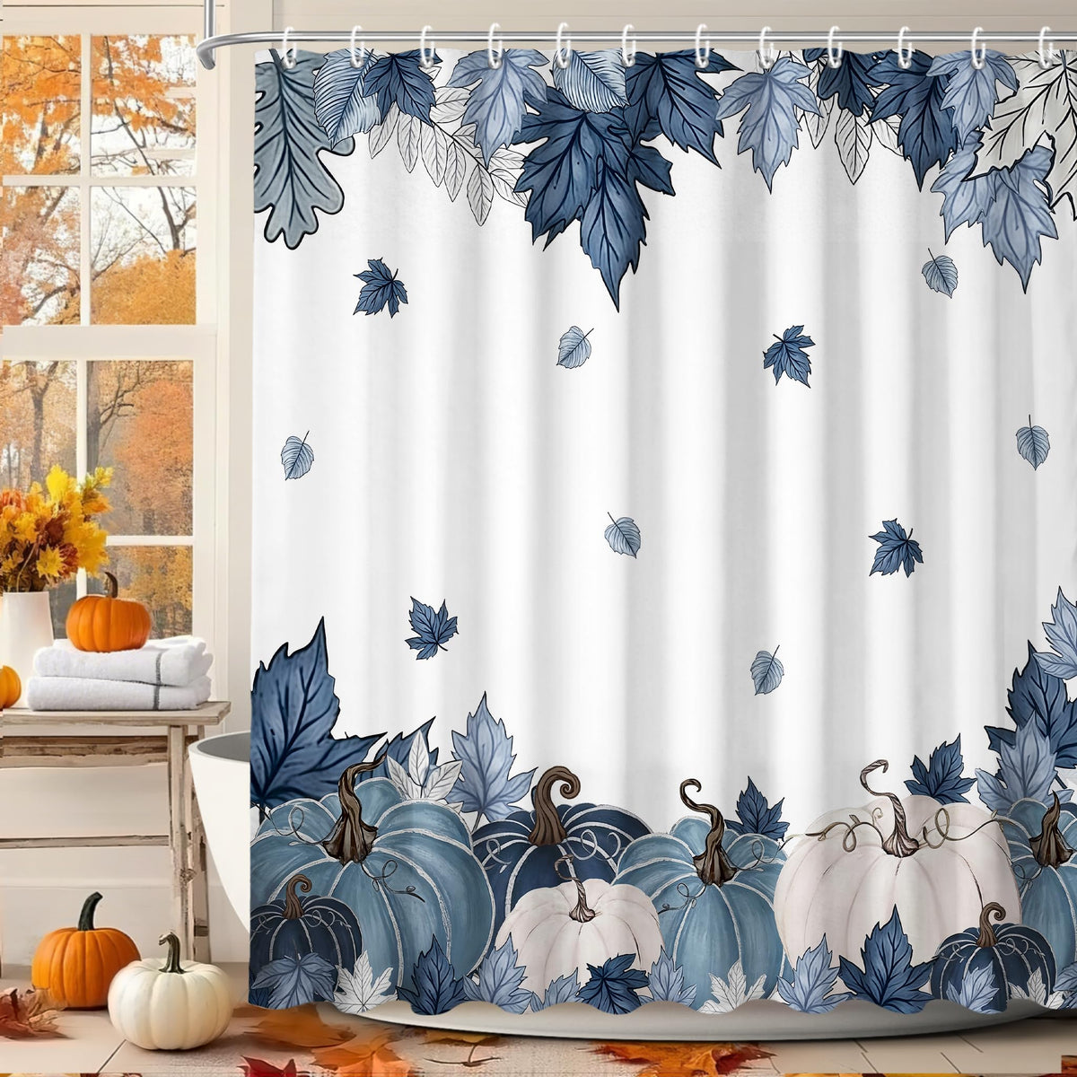 MEHOFOND Fall PumpkinsShower Curtain Autumn Watercolor Floral Bath Curtain