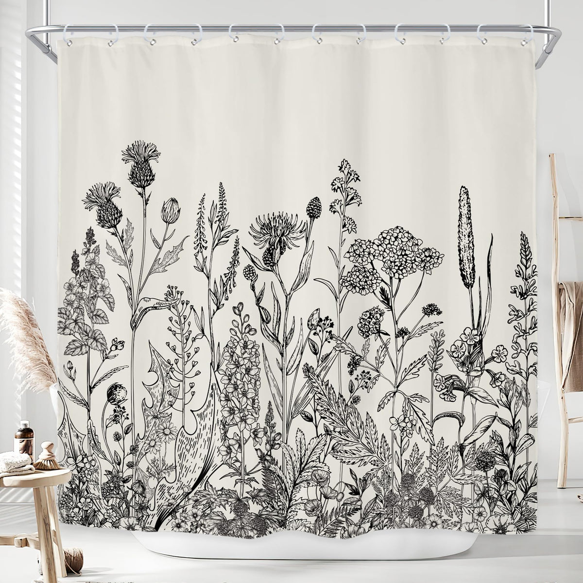 Sage Green Floral Wildflower Plant Herbs Nature Bathroom Shower Curtain Set