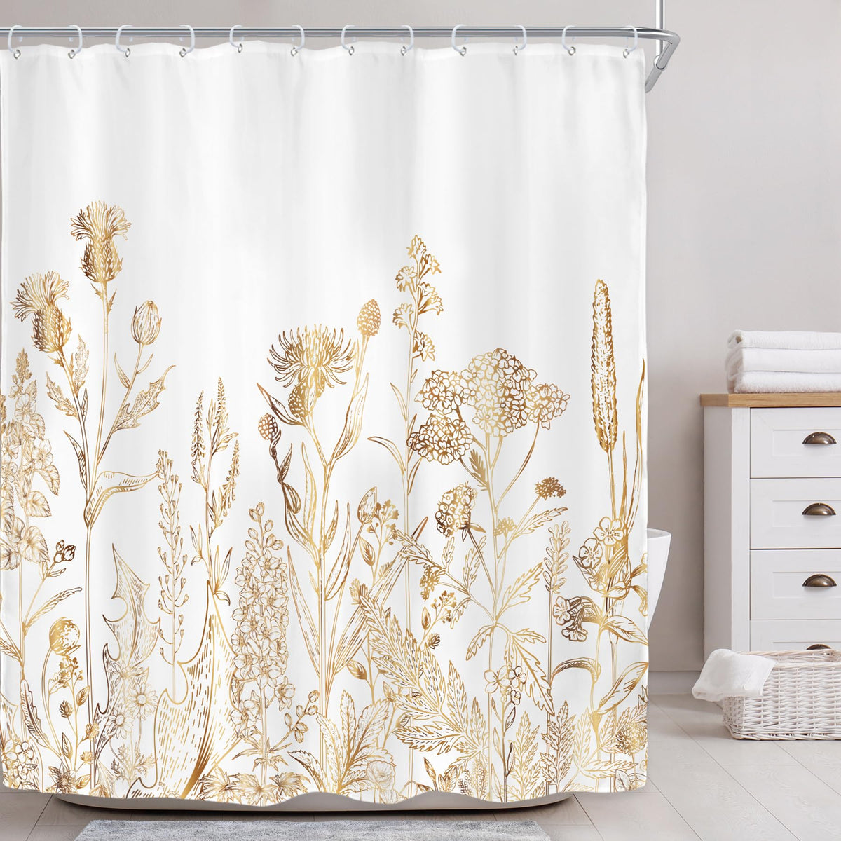 Sage Green Floral Wildflower Plant Herbs Nature Bathroom Shower Curtain Set