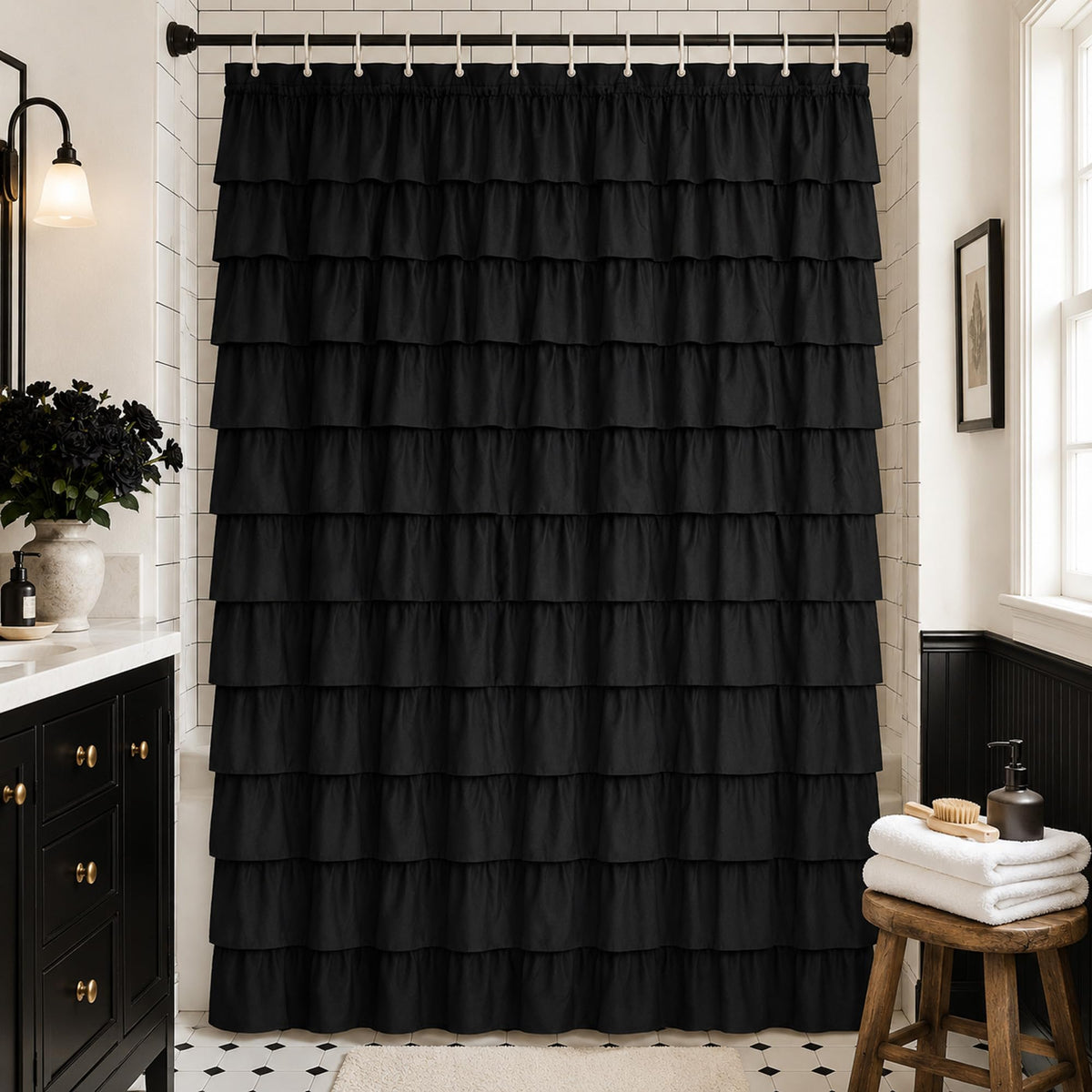 White Ruffle Shower Curtain for Bathroom,72 x 72 Inches, Farmhouse Style