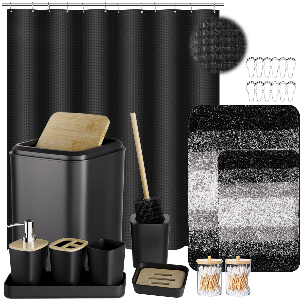 XLHOMO Bathroom Sets with Shower Curtain and Rugs,24PCS Black Bathroom Set Shower Curtain Set with Bathroom Trash Can Bathroom Accessories