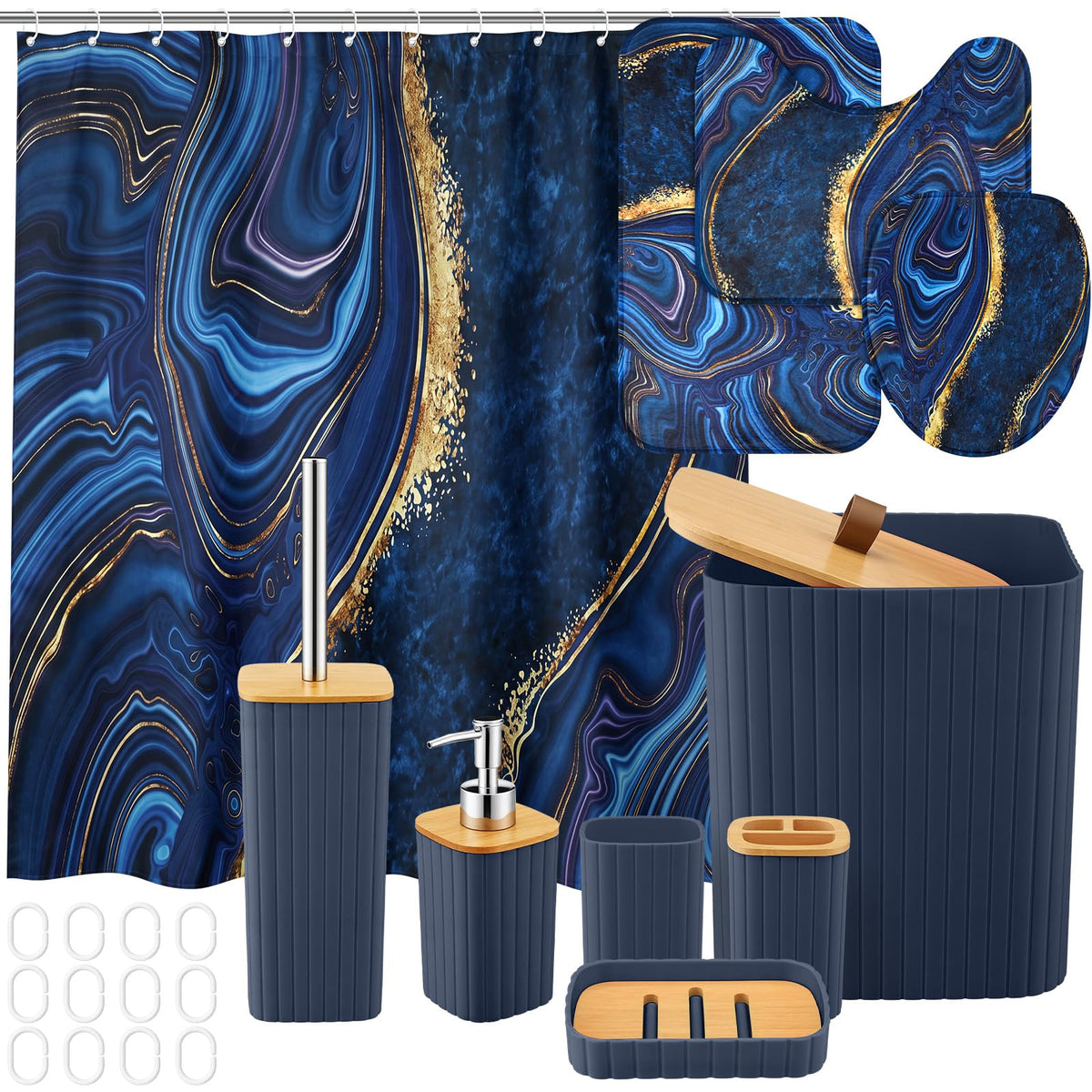 Patelai 10 Pcs Black and Gold Marble Bathroom Decor Set with Shower Curtain
